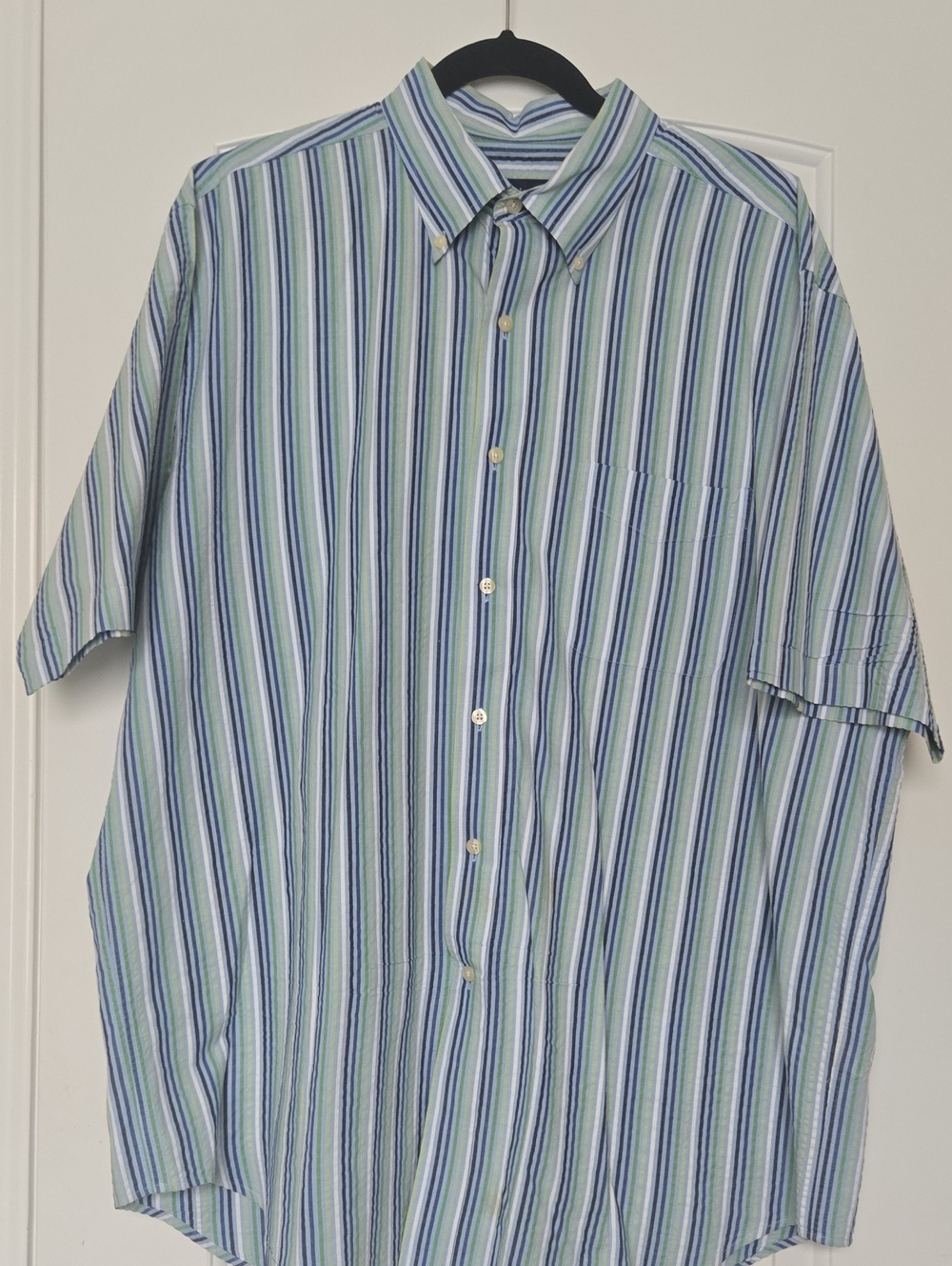 Austin Reed Light Blue and Green Vertical Stripe Button-Down Shirt